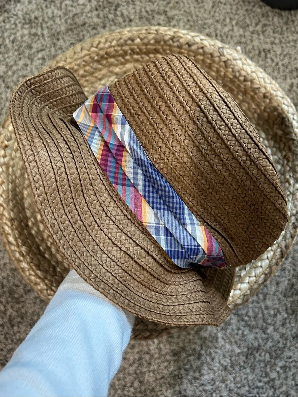 ☀️DULUTH TRADING CO. Brown Straw Summer Hat with Plaid Band - 2XL